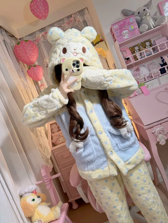 冬天可爱毛毯熊睡衣女冬加绒加厚可外穿保暖珊瑚绒学生家居服套装