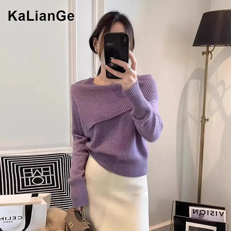卡莲格/法式时尚一字肩翻领针织衫女秋季2025款韩版温婉大方上衣