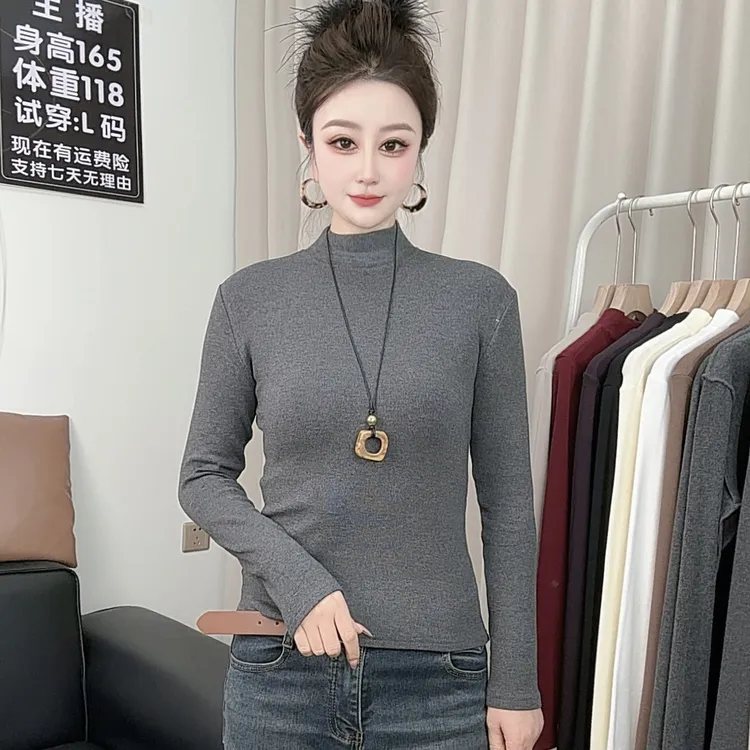 半高领加绒打底衫女2025秋冬新款保暖内搭高级感立领罗纹磨毛上衣