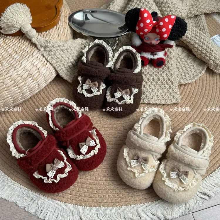 禾禾家【花花裙摆】韩版儿童加绒大棉毛毛公主鞋女童新年保暖棉鞋