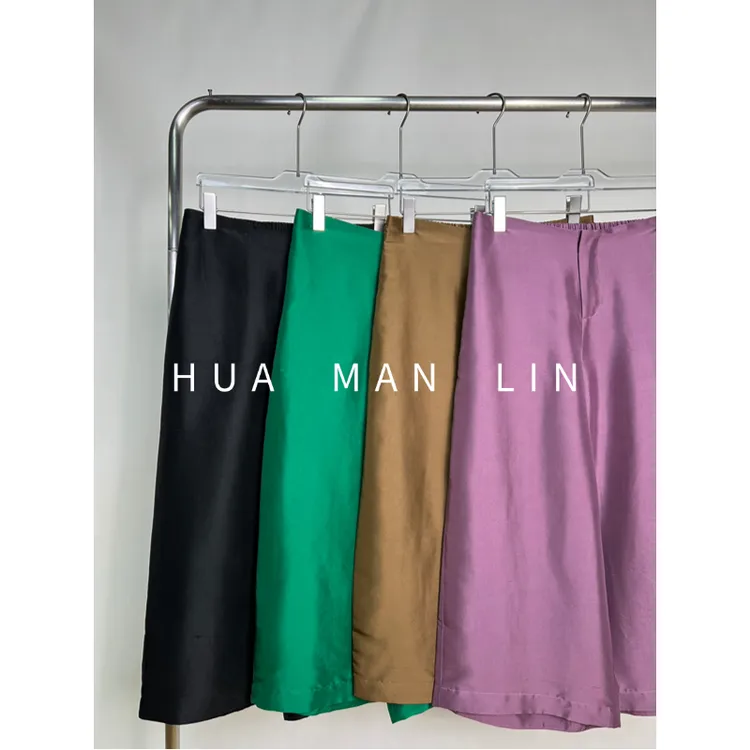 【花满林】四色后松紧腰钩扣净版百搭双宫桑蚕丝阔腿直筒裤259657