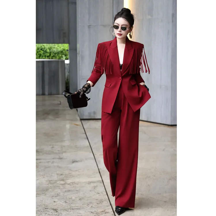女神范秋冬新款显瘦女爆款洋气气质V领西装阔腿裤红色套装两件套