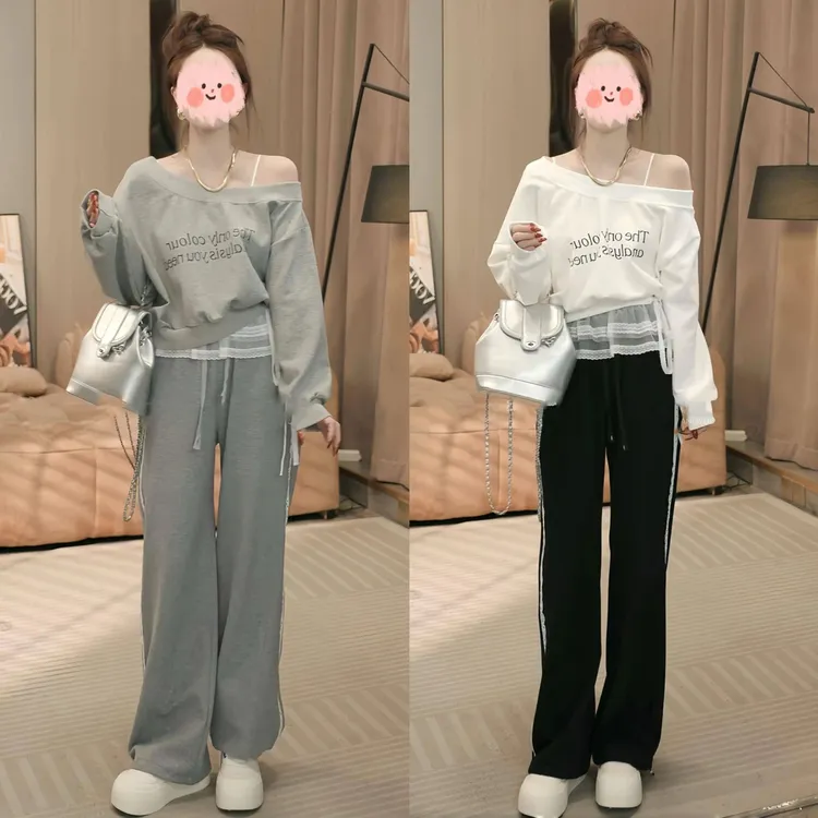 韩系2025春季新款时尚洋气字母卫衣女＋直筒卫裤蕾丝腰帘三件套女