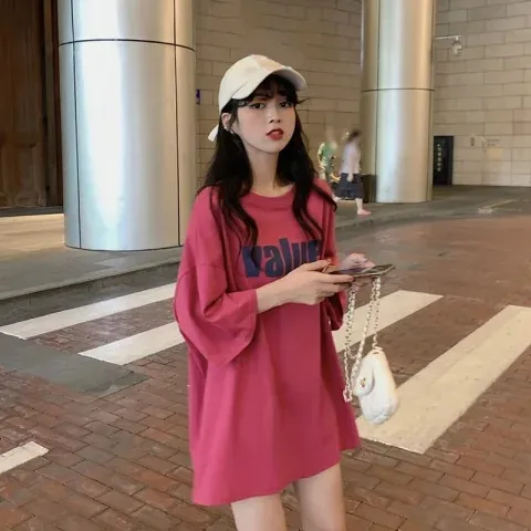 玫红色高级感t恤女夏新款韩版短袖中长款宽松大版上衣外穿时尚
