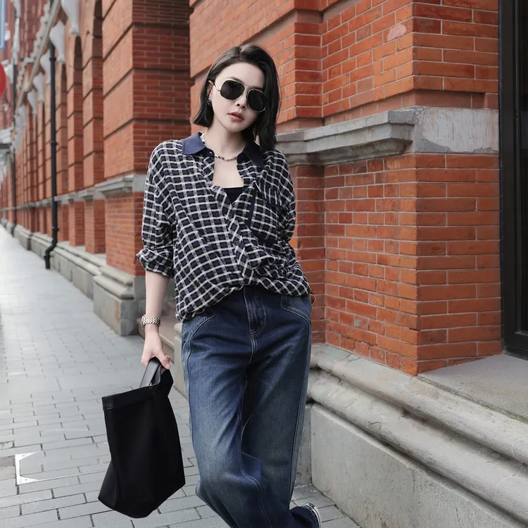 溶溶【时光格调】RONGRONG 棉混纺撞色格纹拼接老钱风衬衫25C8366