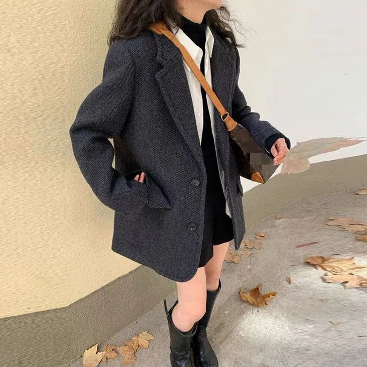 商场同款春秋冬款赫本风小个子宽松休闲百搭小西装呢子大衣外套女