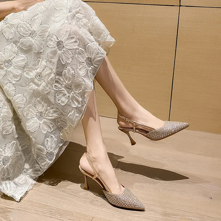 夏季细跟尖头法式一字式扣带银色高跟仙女风凉鞋浅口时尚水钻凉鞋