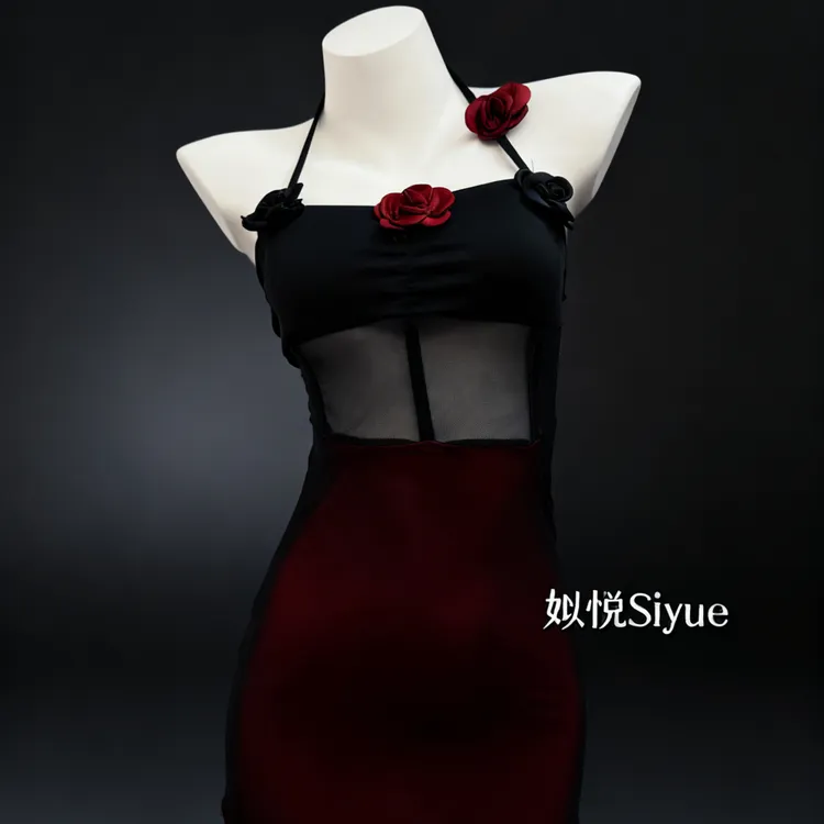 【姒悦Siyue】暗黑风辣妹透视网纱玫瑰挂脖包臀裙可外穿睡衣 