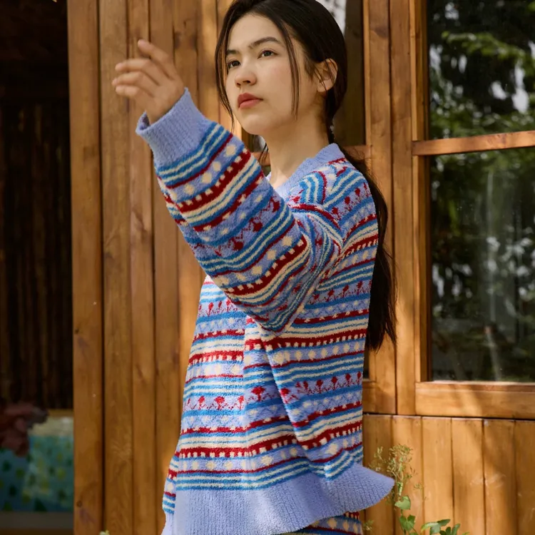 朵朵可可2025秋冬新款圆领条纹羽毛绒微弹套头甜美风睡衣家居服套