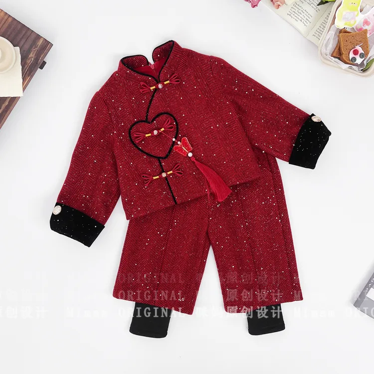【心暗纹】女童红色系重工年服款式套装冬季时髦套装5Q767HON