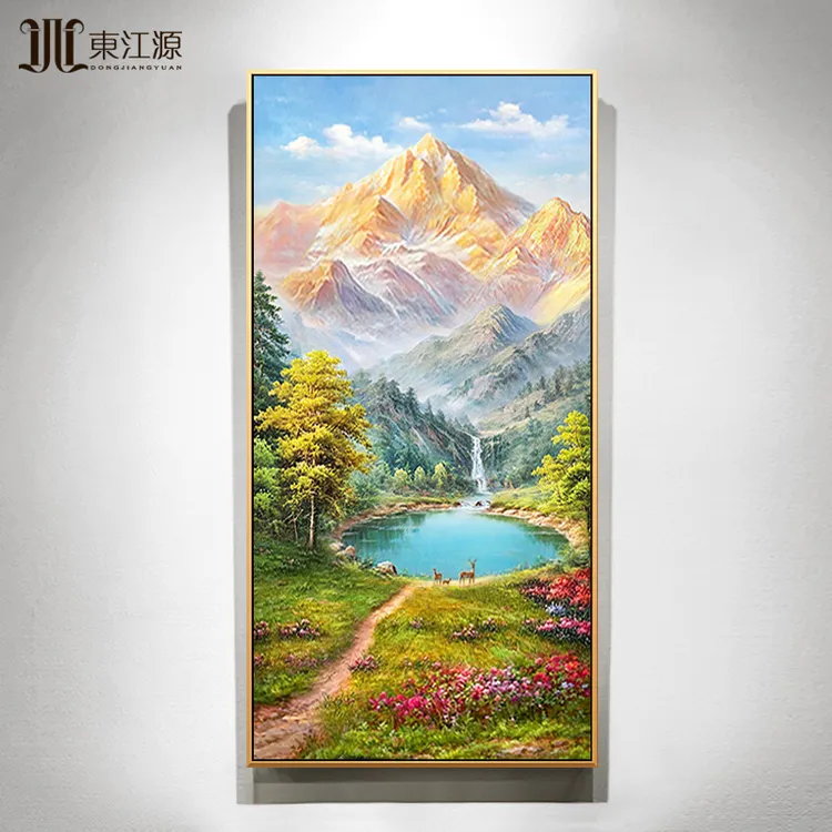 东江源手绘油画玄关装饰画美式轻奢挂画风景画别墅聚宝盆日照金山