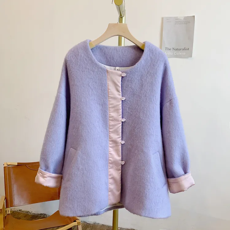 蓝莓奶糖Y3108拼色圆领毛呢外套