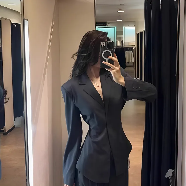 时尚套装秋季新款高级感收腰显瘦西装外套黑色宽松小众西裤阔腿裤