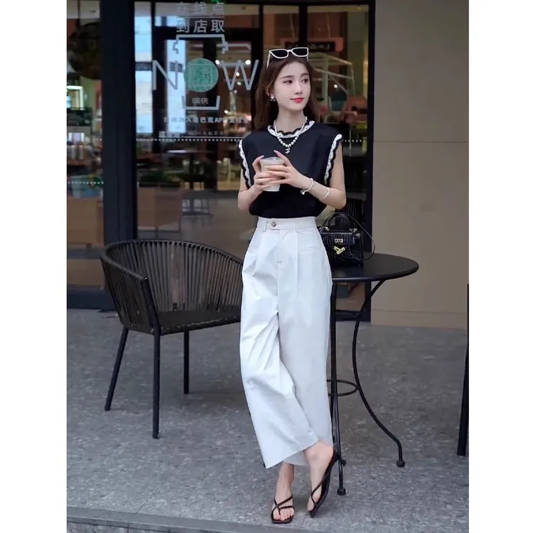 气质穿搭一整套法式花边无袖上衣高腰休闲九分裤小个子显高套装