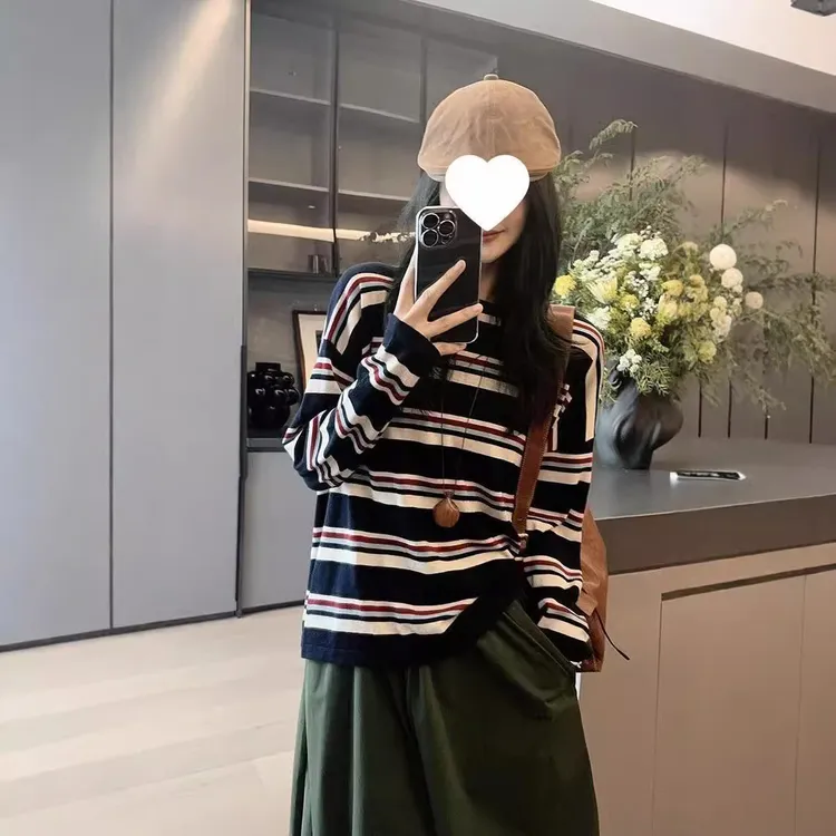 美洋meiyang 三色堇针织衫 真丝羊绒混纺|条纹宽松圆领长袖上衣