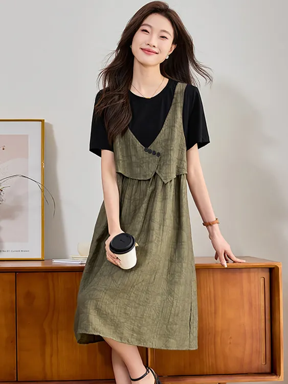 2025夏季假两件拼接宽松遮肉连衣裙气质气质日常显瘦洋气休闲韩版