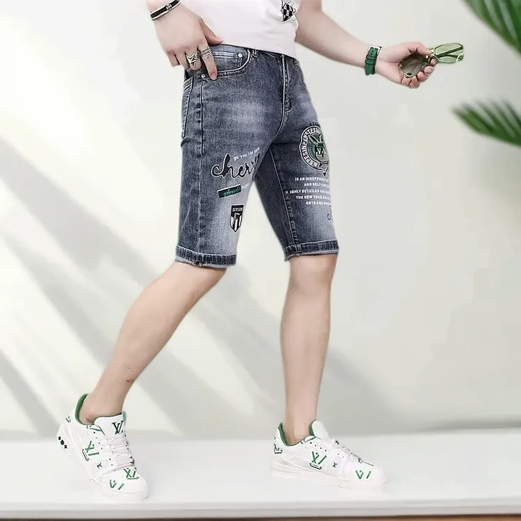 夏季薄款牛仔短裤男休闲2024新款中裤刺绣印花修身五分裤直筒裤子
