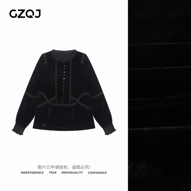 老琴私服【薇薇安】气质蕾丝拼接宽松丝绒长袖衬衫上衣女春新款0666