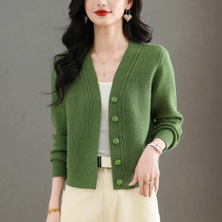 纯100羊毛衫女秋冬小众减龄V领针织开衫小个子上衣短款毛衣外套