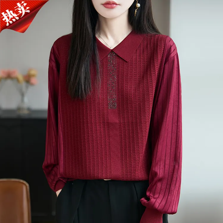 哥弟阿玛施正品灯笼袖缎面感针织衫女士气质翻领烫钻上衣小衫秋季