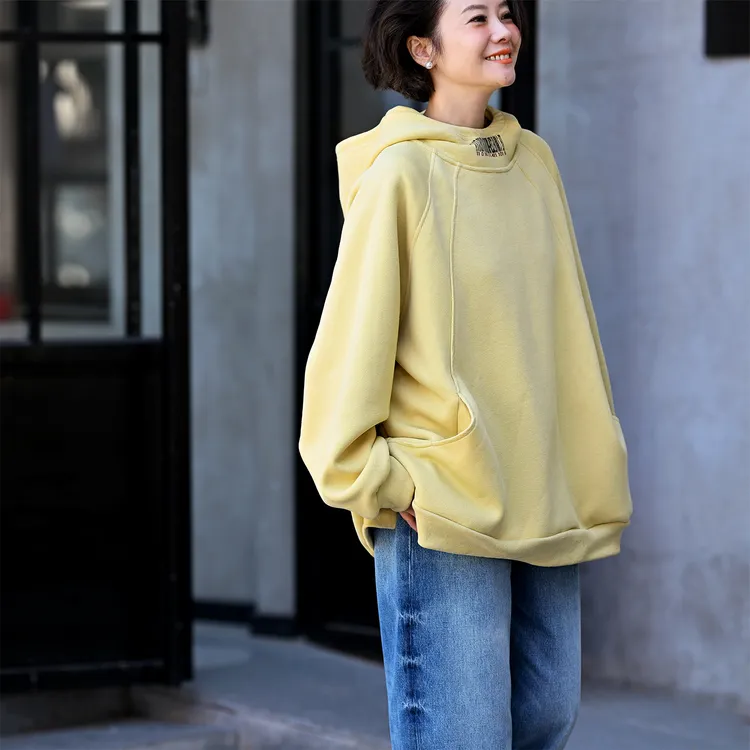 R70710 文艺休闲宽松加厚减龄黄色中长款连帽卫衣女25秋 米兰宣言
