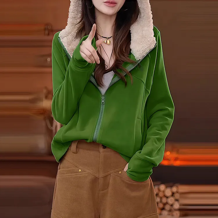 5919韩系设计感连帽秋冬新款休闲通勤风长袖连帽开衫外套女