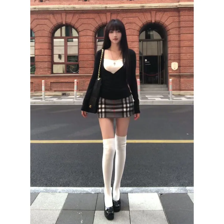 2025秋季新款韩系穿搭修身假两件长袖上衣气质高腰显瘦格纹半身裙