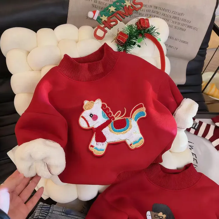 儿童拜年服2026秋冬新款加绒加厚卫衣洋气可爱喜庆中小童马年上衣