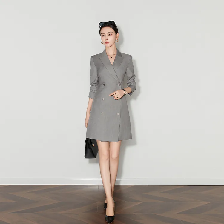 春秋冬新灰色双排扣风衣中长外套时尚修身职业高级感西装连衣裙女