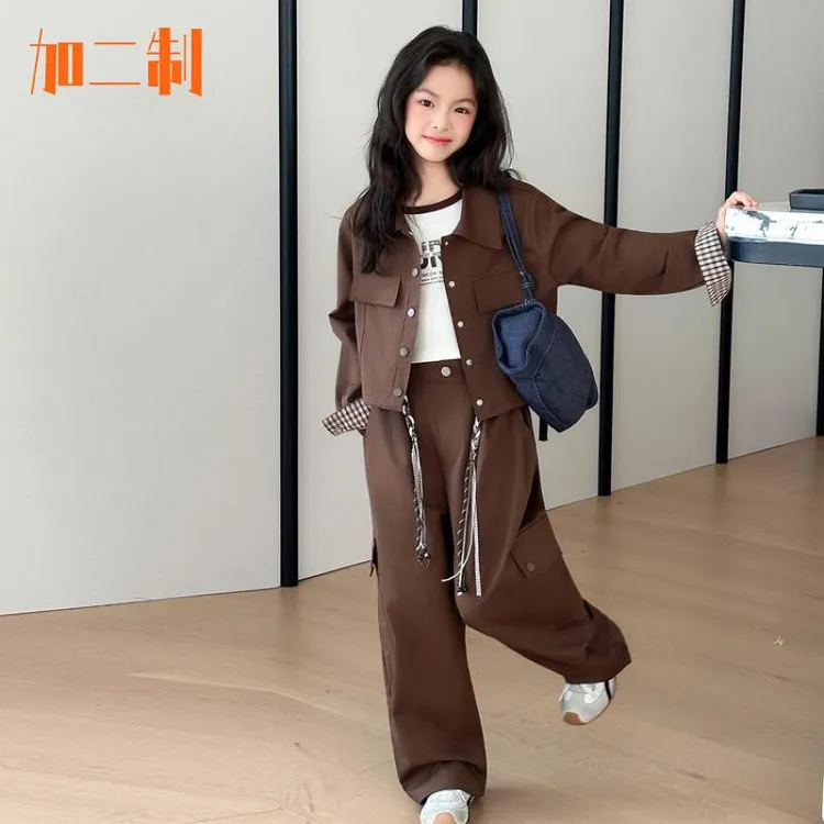 加二制轻奢童装气工装裤中大童女孩春装两件套女童工装裤套装秋装