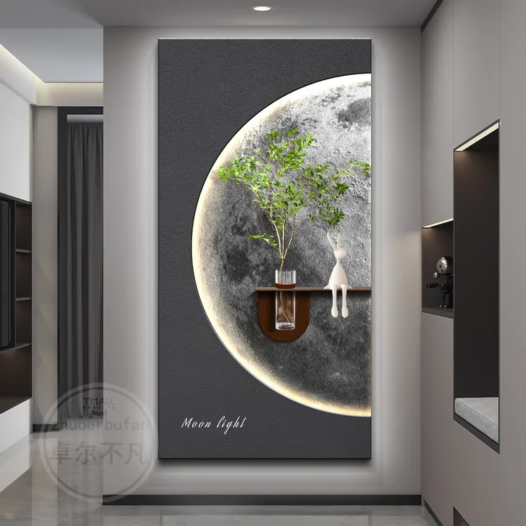 侘寂风水培绿植玄关装饰画2025新款高级感挂画月球入户正对门壁画
