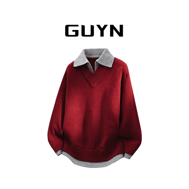 【品牌正品现货】GUYN秋冬假两件本命年针织衫毛衣男翻领休闲毛衣