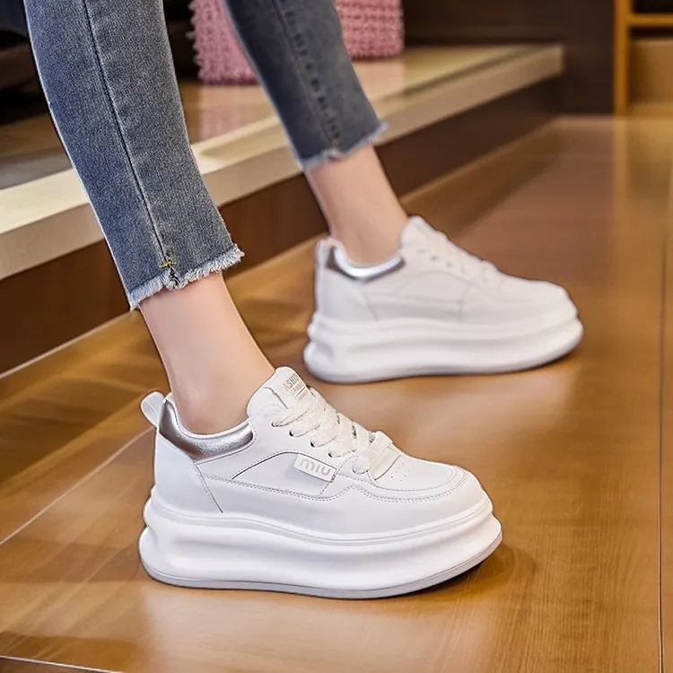 万达撤柜头层牛皮6cm松糕厚底增高显瘦春季韩版小白鞋单鞋女ins潮