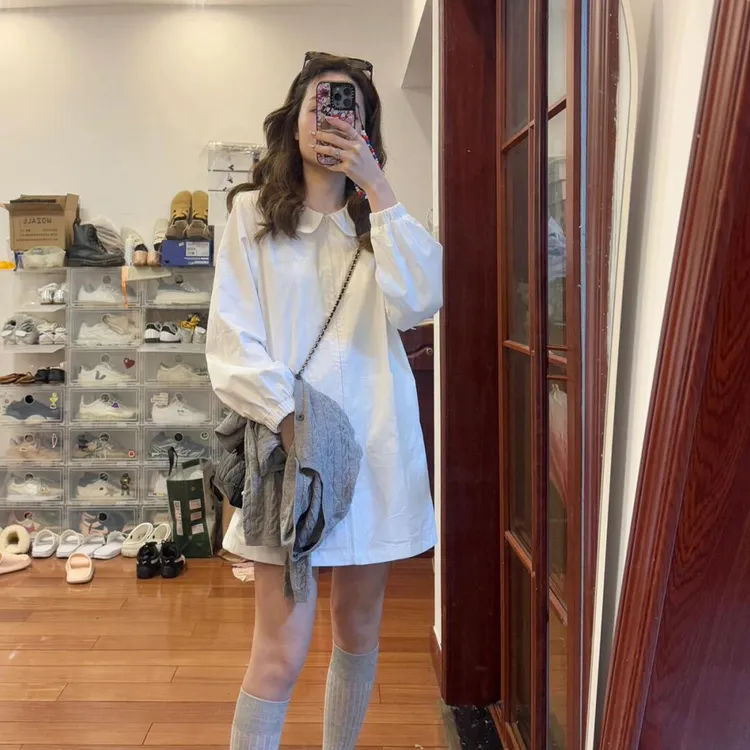 法式温柔风白色娃娃领长袖衬衫连衣裙女秋季新款小个子显瘦短裙子