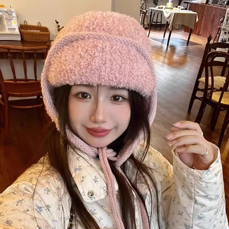 韩版纯色雷锋帽子女秋冬季可爱加厚加绒东北系带休闲针织毛线帽潮