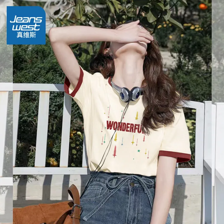 真维斯撞色短袖洋气t恤女新款夏季爆款通勤设计感ins上衣夏日穿搭