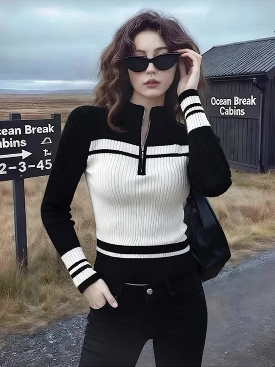 拉链半开领拼色设计感长袖针织衫女秋季新款修身气质正肩A12141