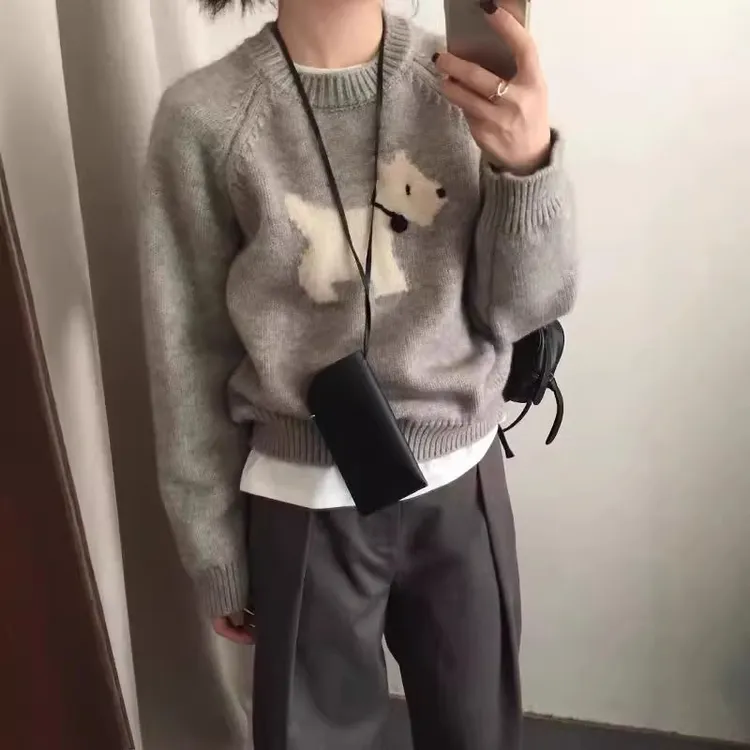 慵懒风提花套头卡通小狗毛衣女秋冬韩国东大门宽松针织衫灰色上衣