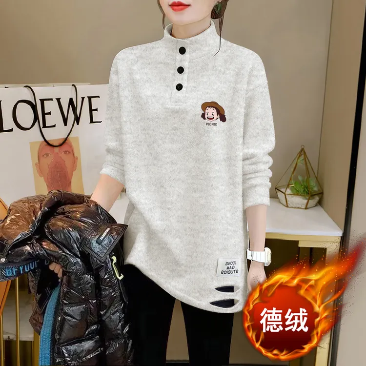 秋冬半高领POLO领百搭时尚上衣潮流中长款女士t恤德绒保暖打底衫