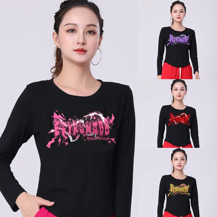 春夏广场舞背后蝴蝶结印花T恤螺纹棉圆领时尚显瘦长袖短袖上衣