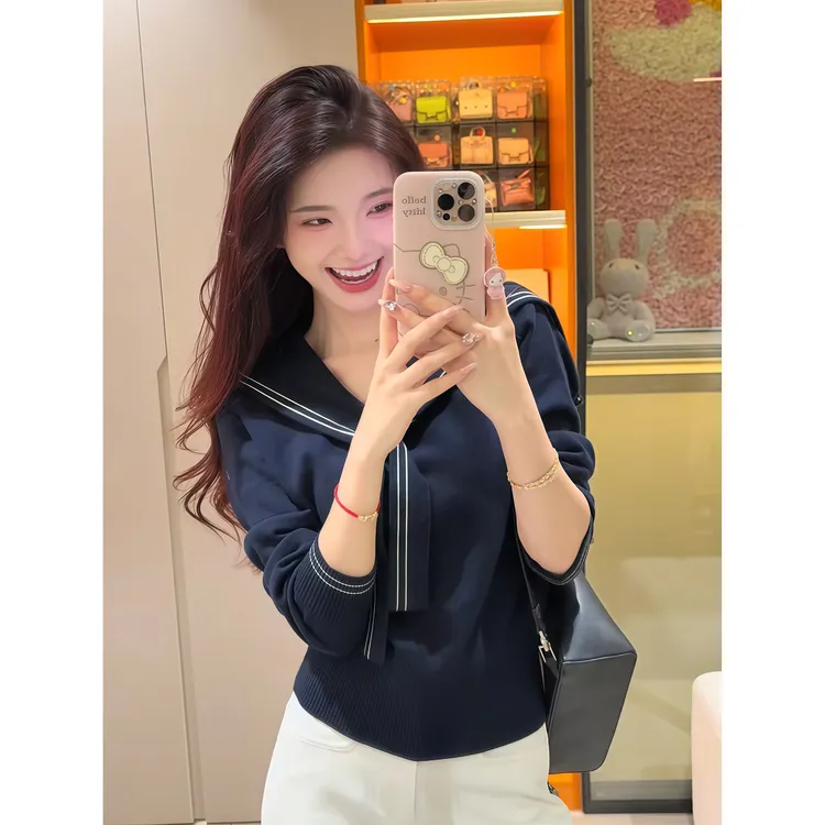 【妮妮】海军领披肩长袖针织T恤衫女2025秋装高级感