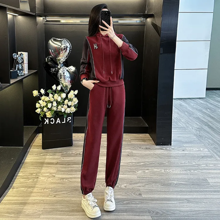 韩风时尚休闲运动套装女春季连帽拼接束脚裤两件套优雅显高显瘦潮