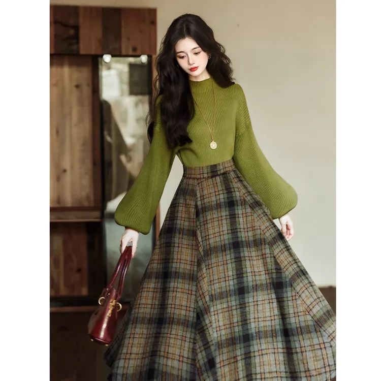 复古法式少女立领针织毛衣两件套搭配格子裙套装冬洋气减龄日常款