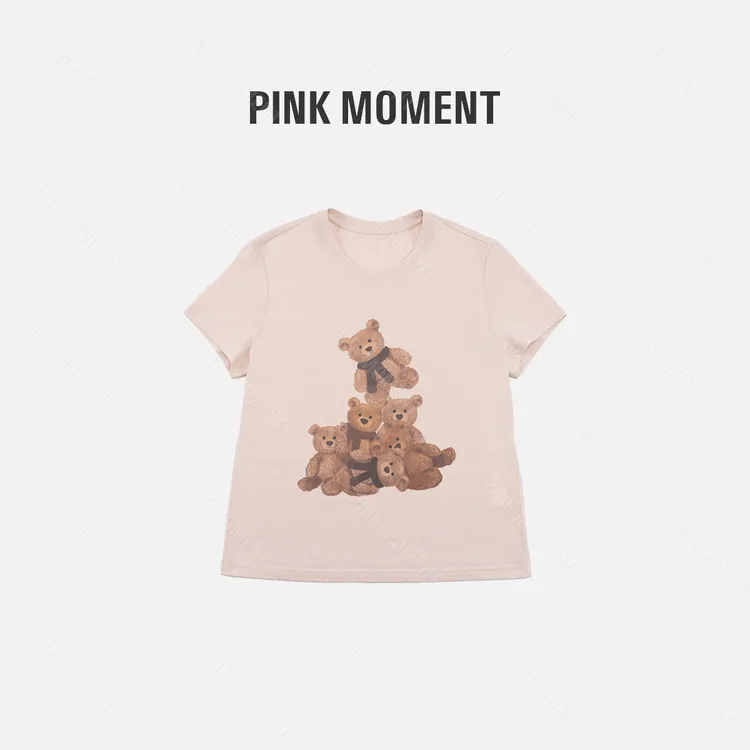 PM王囡囡 肉粉色圆领卡通小熊短袖T恤 ND1B0753