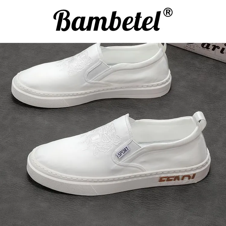 Bambetel时尚休闲鞋男鞋春夏新款一脚蹬懒人休闲鞋白色透气帆布鞋