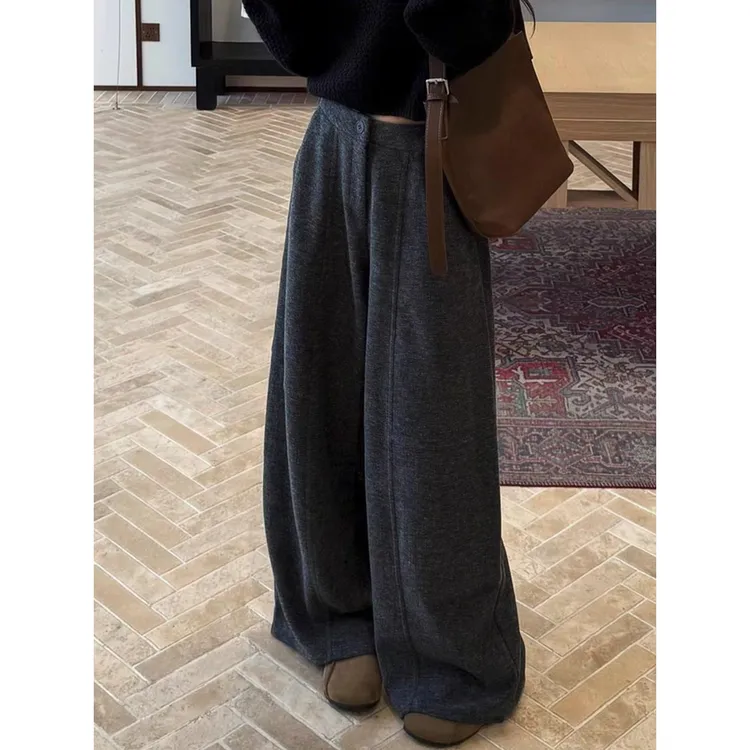 大码女装胖mm240斤灰色加绒裤子女加厚直筒休闲百搭弯刀阔腿长裤