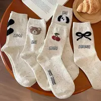 8双装白色女中筒袜秋冬搭配蝴蝶结点纱动物松口袜