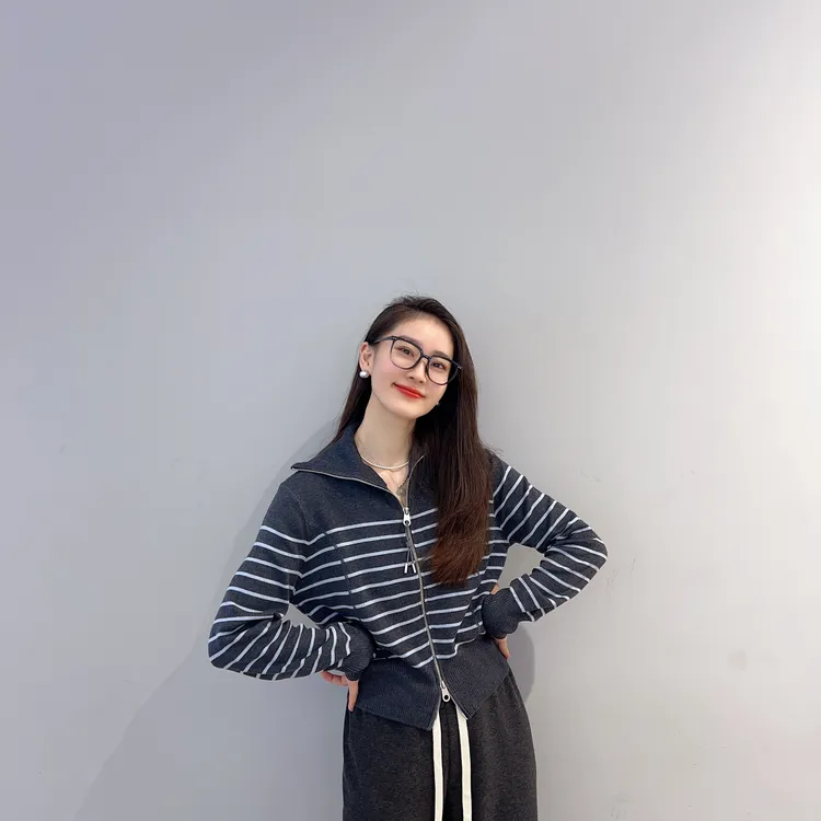 条纹大翻领针织衫秋装新款女装双头拉链毛线开衫上衣可内搭女5C47