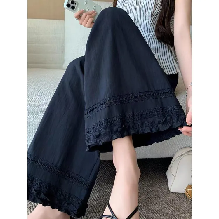 冰丝速干木耳边蕾丝勾花阔腿裤女夏季薄款小个子宽松九分直筒裤子
