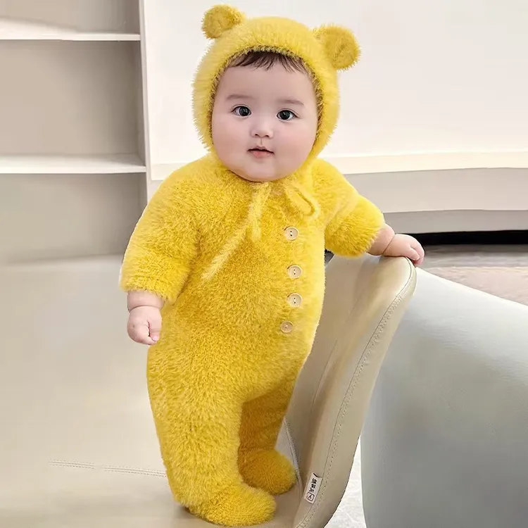 婴儿衣服春秋装连体衣男女宝宝可爱超萌水貂毛包脚哈衣外出爬爬服